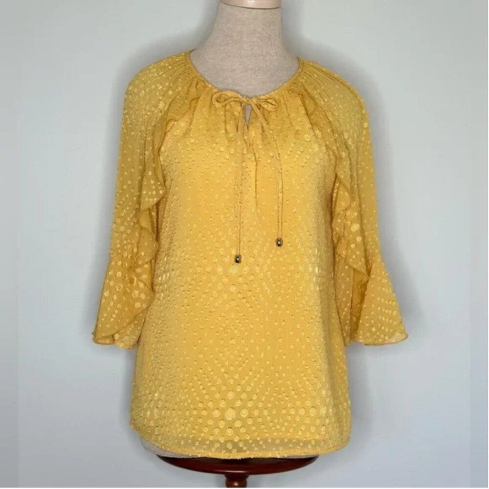 Jade Gold Mustard Chiffon Swiss Dot Split Neck Tie Flutter Sleeves Size Small